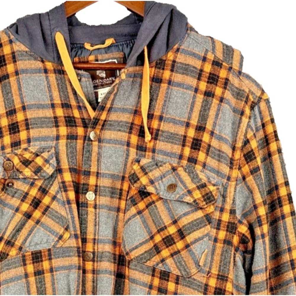 Legendary Outfitters Mens Hooded Quilted Plaid Shirt Jacket Shacket Orange 2XL